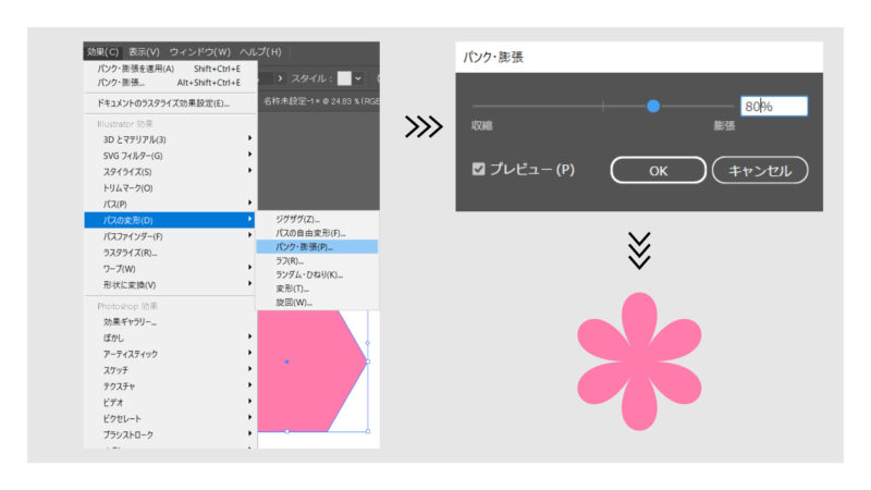 ウィンドウからパスの変形、パンク・膨張へと進み好みの数値にスライド