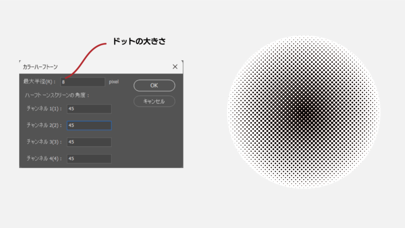 カラーハーフトーンダイアログを呼び出して最大半径とチャンネルの設定。